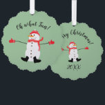 Oh what Fun Christmas Snowman Sage Green Tree Decoration Card<br><div class="desc">This is a sweet naive art design featuring a cute cartoon snowman in a red hat, scarf and mittens. The text says: Oh What Fun! All on a classy sage green background. The text can be customised to fit your needs or you can just add the year and you are...</div>