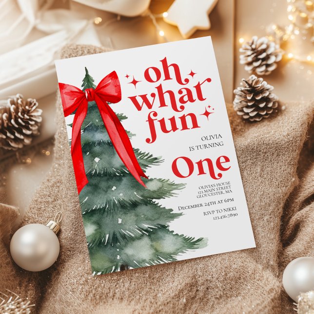 Oh What Fun Christmas Tree 1st Birthday Invitation (Creator Uploaded)