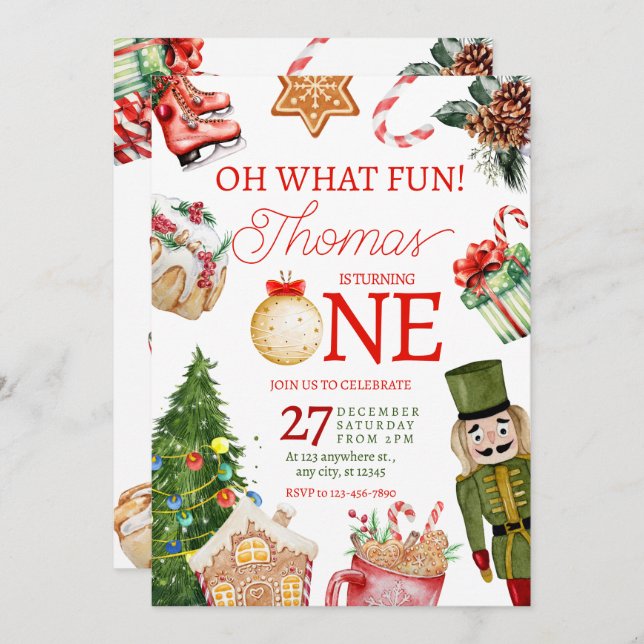 Oh What Fun Christmas Winter First Birthday Invitation (Front/Back)