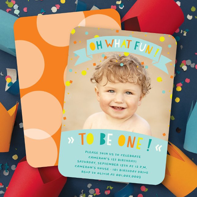 Oh What Fun Confetti First Birthday Party Invite (Oh What Fun To Be One Colorful Confetti Photo Boy 1st Birthday Party Invitation @ fatfatin)