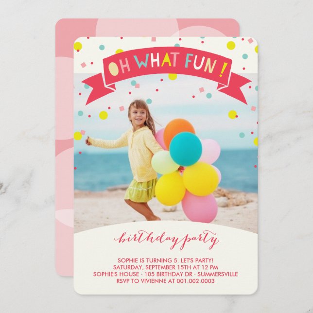 Oh What Fun Confetti Kids Birthday Party Invite (Front/Back)