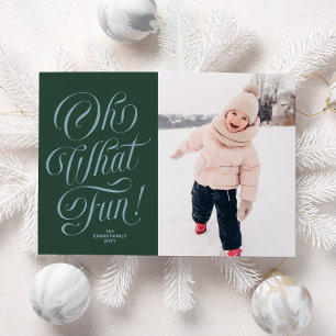 Oh what fun cute green blue Christmas photo Holiday Card
