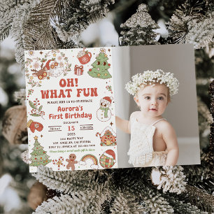 Oh What Fun Cute Groovy Santa Birthday Party Photo Invitation