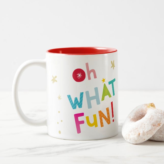 OH WHAT FUN cute modern colourful typography Two-Tone Coffee Mug (With Donut)