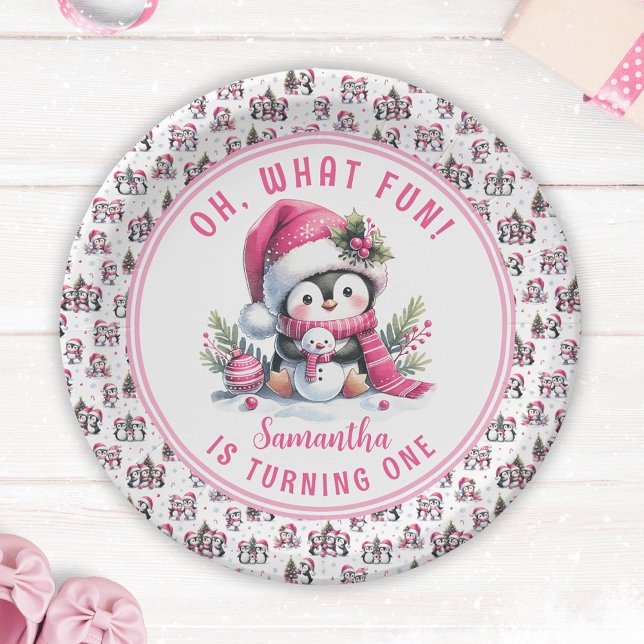Oh What Fun Cute Penguin Winter Girl 1st Birthday Paper Plate (Creator Uploaded)