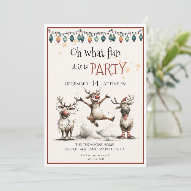 Oh what fun cute reindeers holidays party  invitation (Standing Front)
