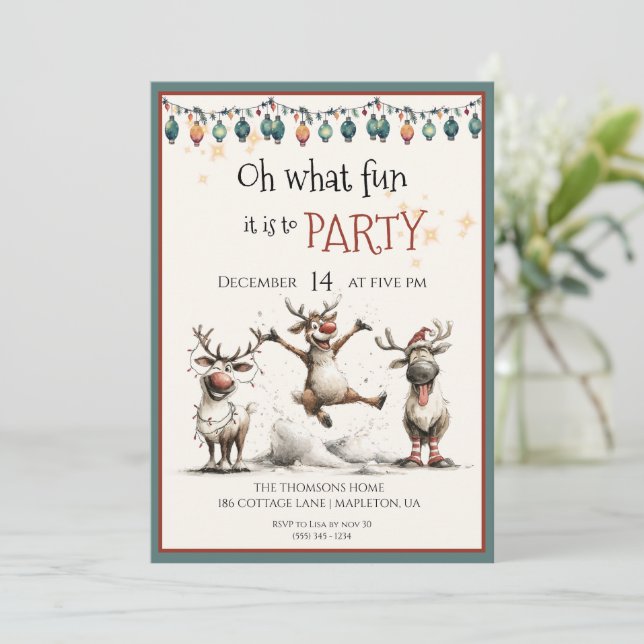 Oh what fun cute reindeers holidays party  invitation (Standing Front)