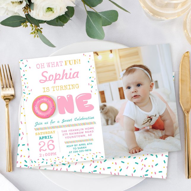 Oh What Fun Doughnut First Birthday Photo Invitati Invitation (Creator Uploaded)