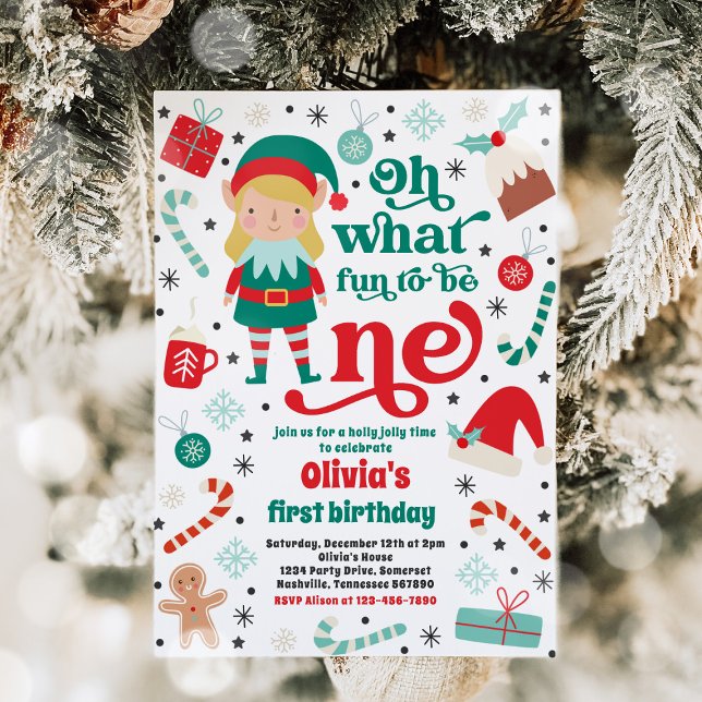 Oh What Fun Elf Christmas 1st Birthday Party Invitation (Creator Uploaded)