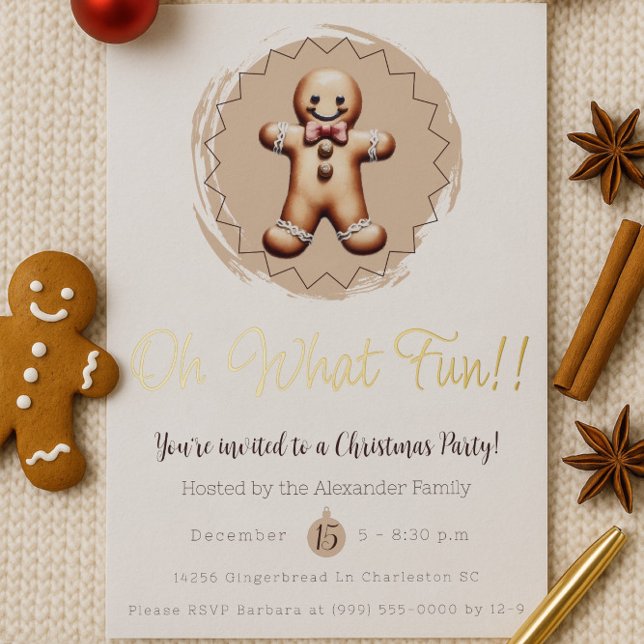 Oh What Fun Gingerbread Man Holiday Party | White (White Oh What Fun Gingerbread Man Holiday Party Invitation)