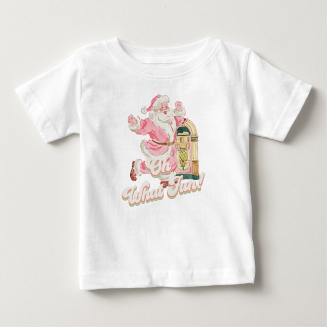 Oh what Fun, Girl 1st Birthday Pink Retro Santa Baby T-Shirt (Front)