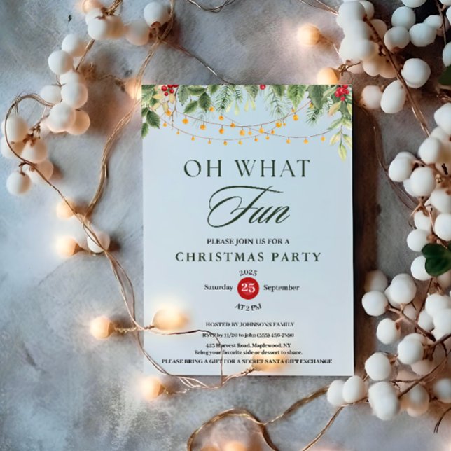 Oh What Fun Greenery String Light Christmas Party Invitation (Oh What Fun Greenery String Light Christmas Party Invitation holiday holly berries botanical branch )