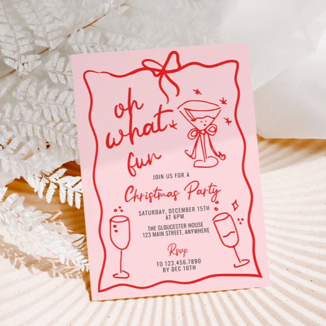 Oh What Fun Handdrawn Christmas Party Pink Red Invitation (Creator Uploaded)