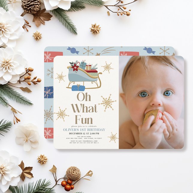 Oh What Fun Holiday Blue Sleigh Photo 1st Birthday Invitation (Creator Uploaded)