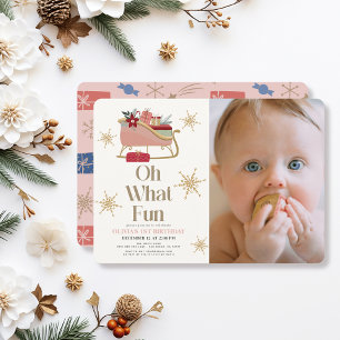 Oh What Fun Holiday Pink Sleigh Photo 1st Birthday Invitation