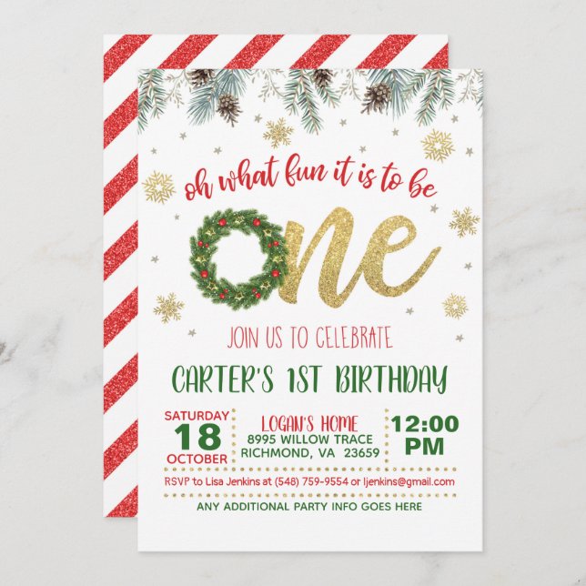 Oh What Fun it is to Be One Birthday Invitation Wr (Front/Back)