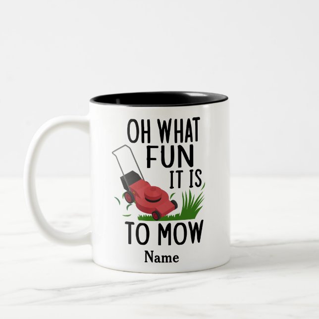 Oh what fun it is to mow, Dad Lawn Mower  Two-Tone Coffee Mug (Left)
