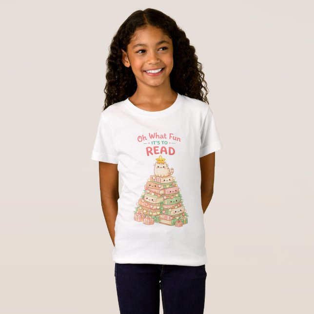 Oh What Fun It's to Read Christmas Cute Cat Books T-Shirt (Front Full)