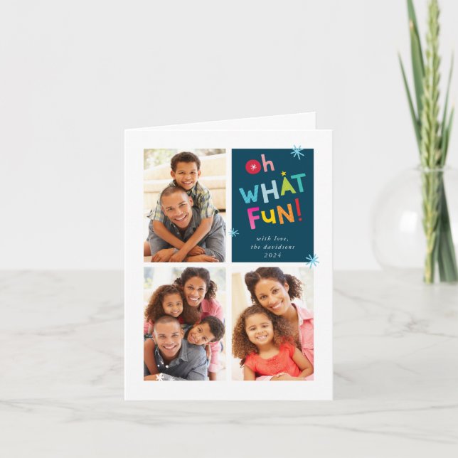 OH WHAT FUN modern fun cute colourful typography Holiday Card (Front)