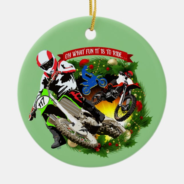 Oh What Fun Motocross Christmas Ceramic Tree Decoration (Front)