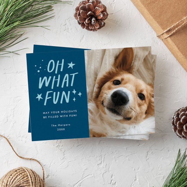 Oh What Fun Pets Photo Christmas Blue Holiday Card (Pet Christmas photo card with the words "oh what fun")