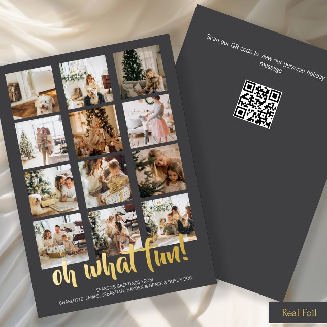 Oh What Fun Photo Christmas Personalised QR Code (Oh What Fun Photo Christmas Personalized QR Code Foil Holiday Card by Ricaso. Interactive add url)