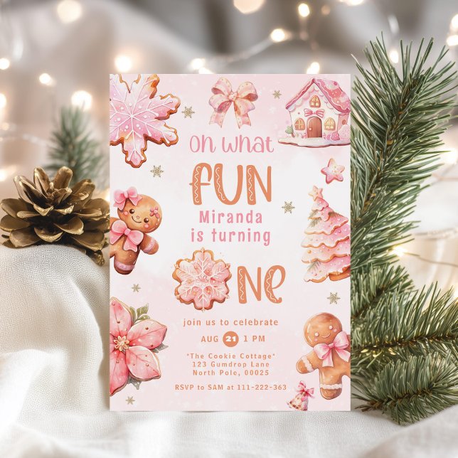 Oh what Fun pink Christmas 1st birthday Invitation (Creator Uploaded)