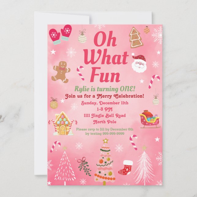 Oh What Fun Pink Christmas Birthday Invitations (Front)