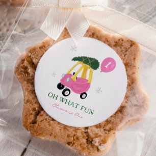 Oh What Fun Pink Christmas Car 1st Birthday Party  Classic Round Sticker