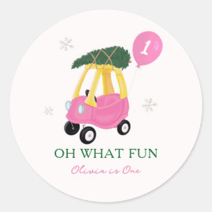 Oh What Fun Pink Christmas Car 1st Birthday Party Classic Round Sticker