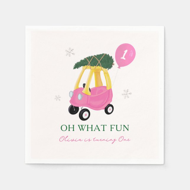 Oh What Fun Pink Christmas Car 1st Birthday Party  Napkin (Front)