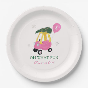 Oh What Fun Pink Christmas Car 1st Birthday Party Paper Plate