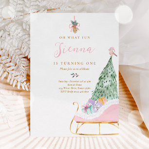 Oh What Fun Pink & Gold Winter Sleigh Birthday Invitation