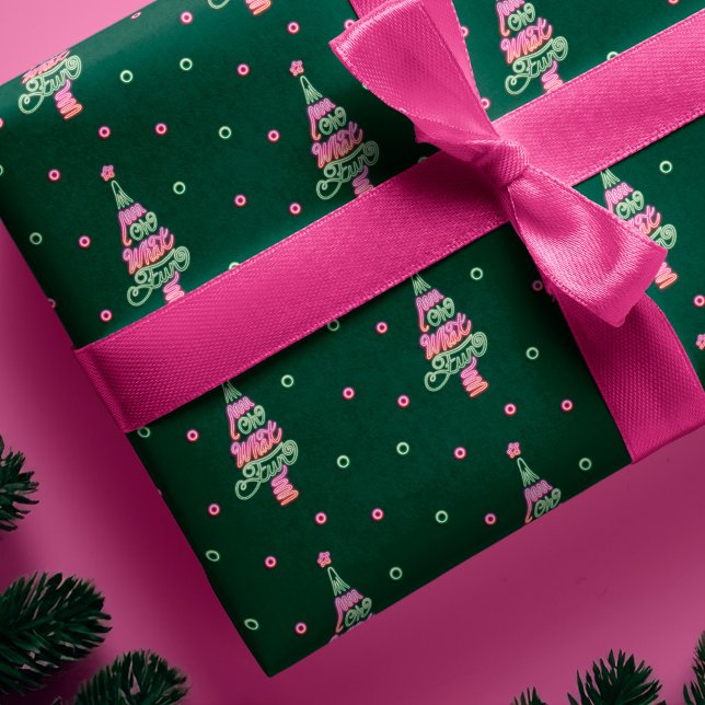 Oh What Fun Pink Green Neon Lights Christmas Tree Wrapping Paper (Oh What Fun Pink Green Neon Lights Christmas Tree Wrapping Paper)