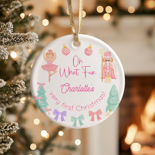 Oh What Fun Pink Nutcracker First Christmas Ceramic Tree Decoration