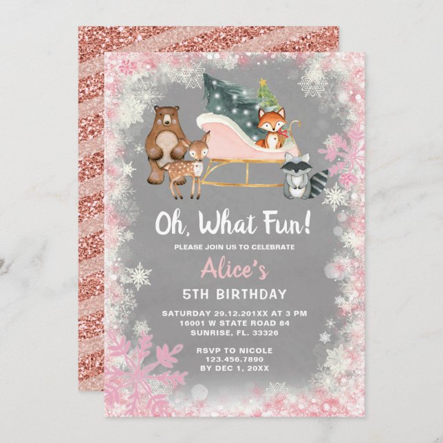 Oh What Fun Pink Sleigh woodland Animal Birthday  Invitation (Front/Back)