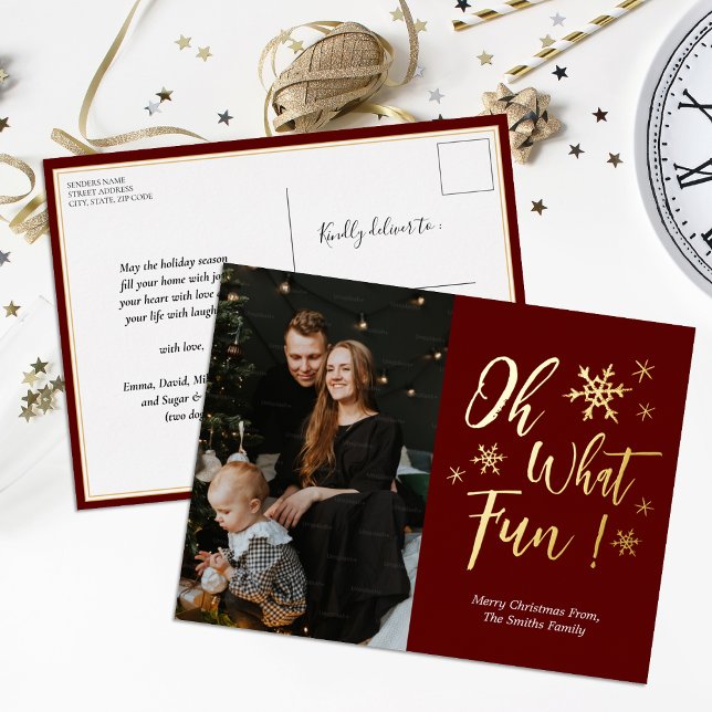 Oh What Fun Red Gold Calligraphy Snowflakes Photo Foil Holiday Postcard (Creator Uploaded)