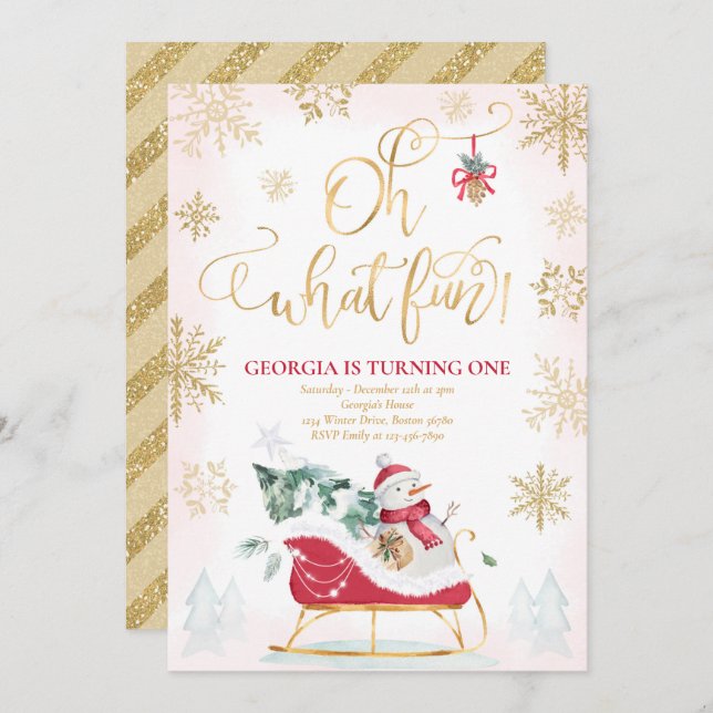 Oh What Fun Red & Gold Winter Sleigh Birthday Invitation (Front/Back)