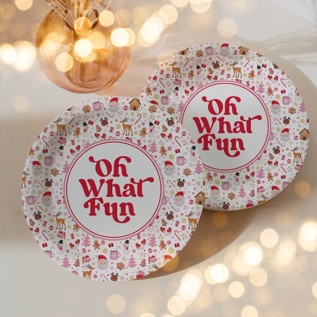 Oh What Fun Red Pink Christmas Birthday Party Paper Plate (Creator Uploaded)