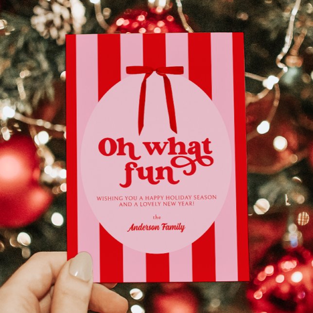 Oh What Fun Red Pink Retro Holiday Card (Creator Uploaded)