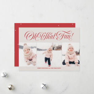 Oh what fun red three photo Christmas Holiday Card