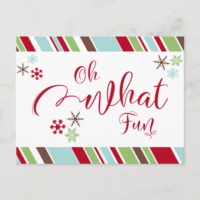 Oh What Fun Red w/ Snowflakes & Diagonal Stripes Postcard (Front)