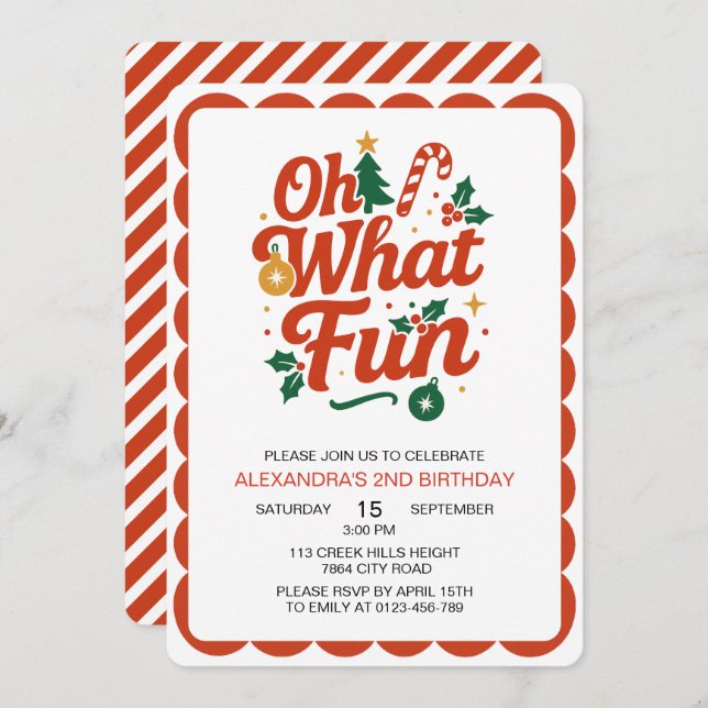 Oh What Fun Retro Christmas Birthday  Invitation (Front/Back)