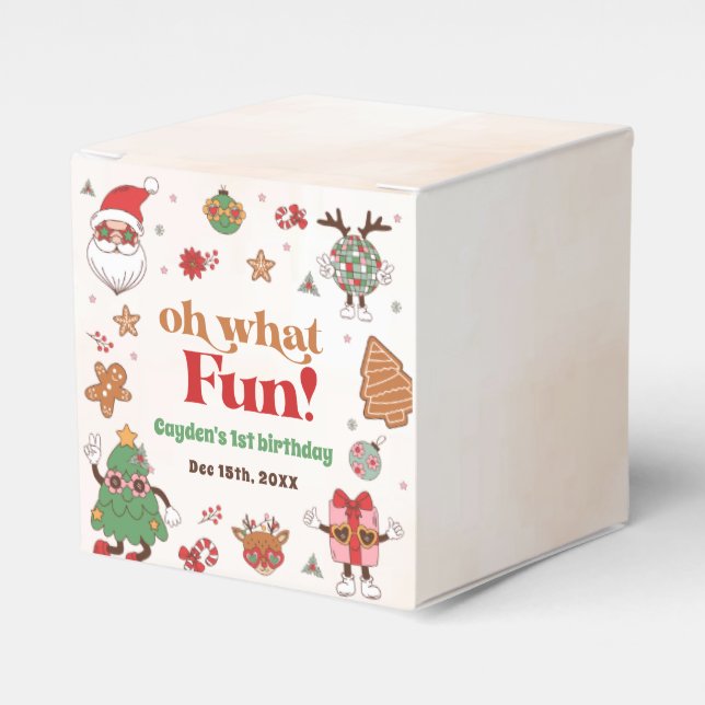 Oh What Fun Retro Christmas First Birthday Favour Box (Front Side)