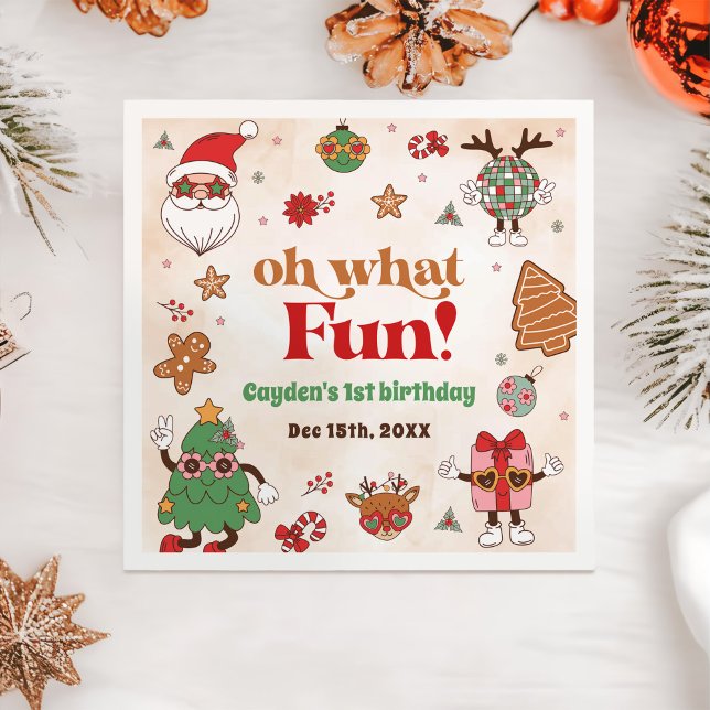 Oh What Fun Retro Christmas First Birthday Napkin (Creator Uploaded)