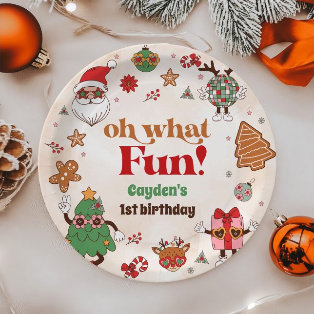 Oh What Fun Retro Christmas First Birthday Paper Plate (Creator Uploaded)