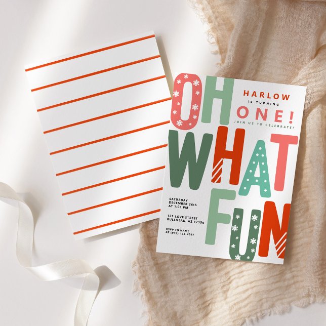 Oh What Fun Retro Colourful Christmas 1st Birthday Invitation (Creator Uploaded)