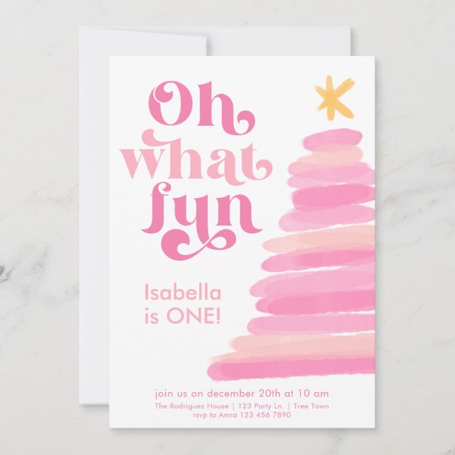 Oh What Fun Retro Pink Watercolor 1st Birthday Invitation (Front)
