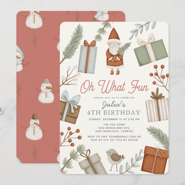 Oh What Fun Santa Claus Holiday Girl Birthday Invitation (Front/Back)