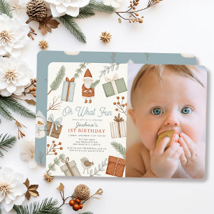 Oh What Fun Santa Holiday Boy 1st Birthday Photo Invitation